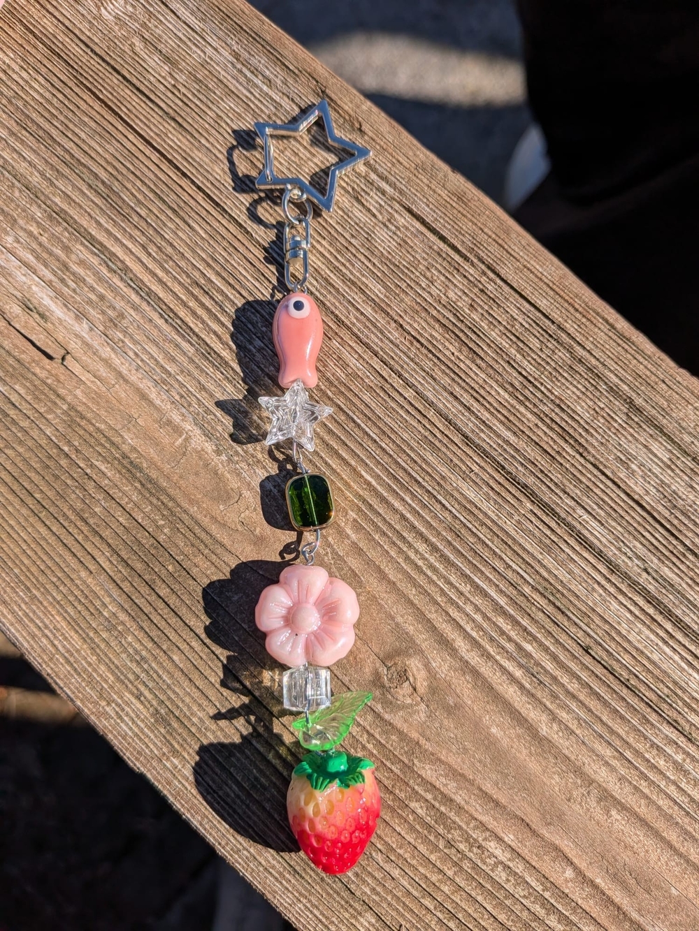 Pink Strawberry Charm Keychain with Flower & Star Accent